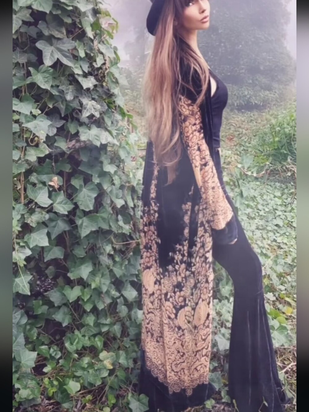 Heida Abra Isadora Opera Coat Bohemian Black & Tan Silk Burnout Duster Robe